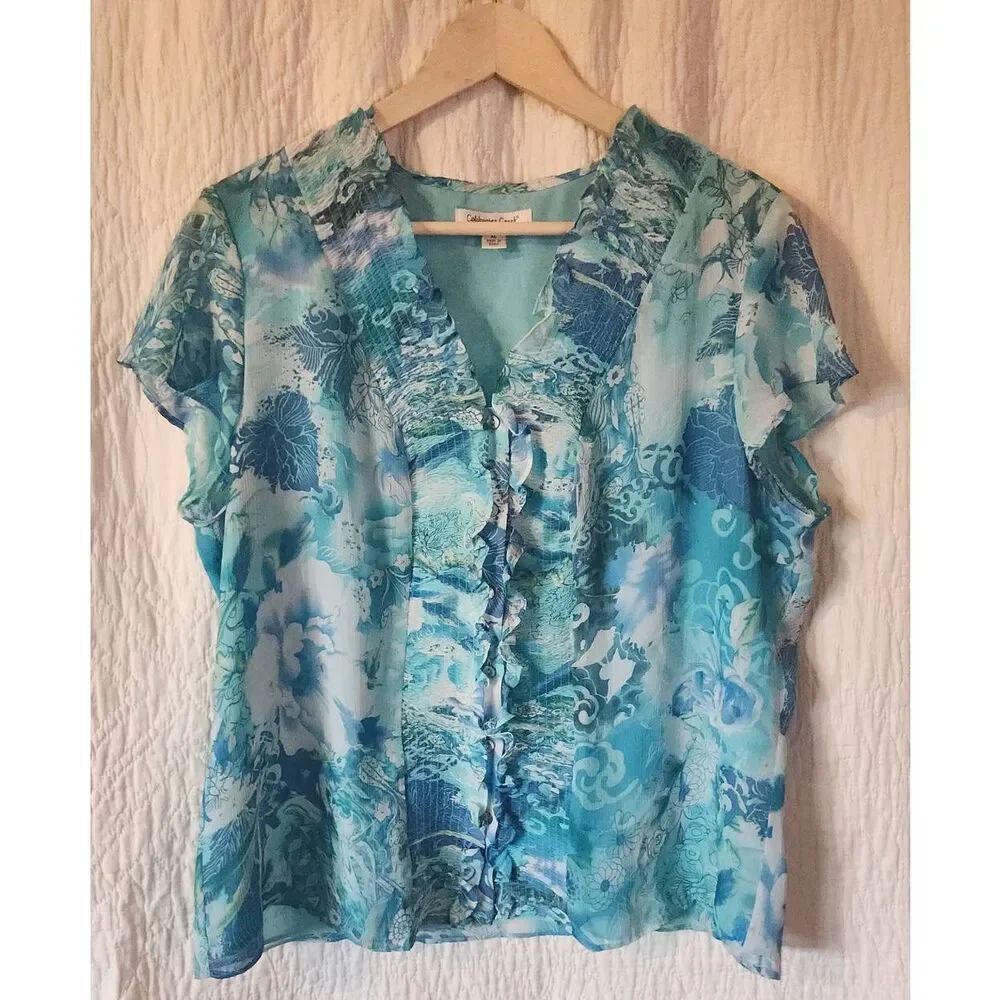 F11 Coldwater Creek Ruffly Button blouse w Flutter Sleeves-Blue & Teal Floral